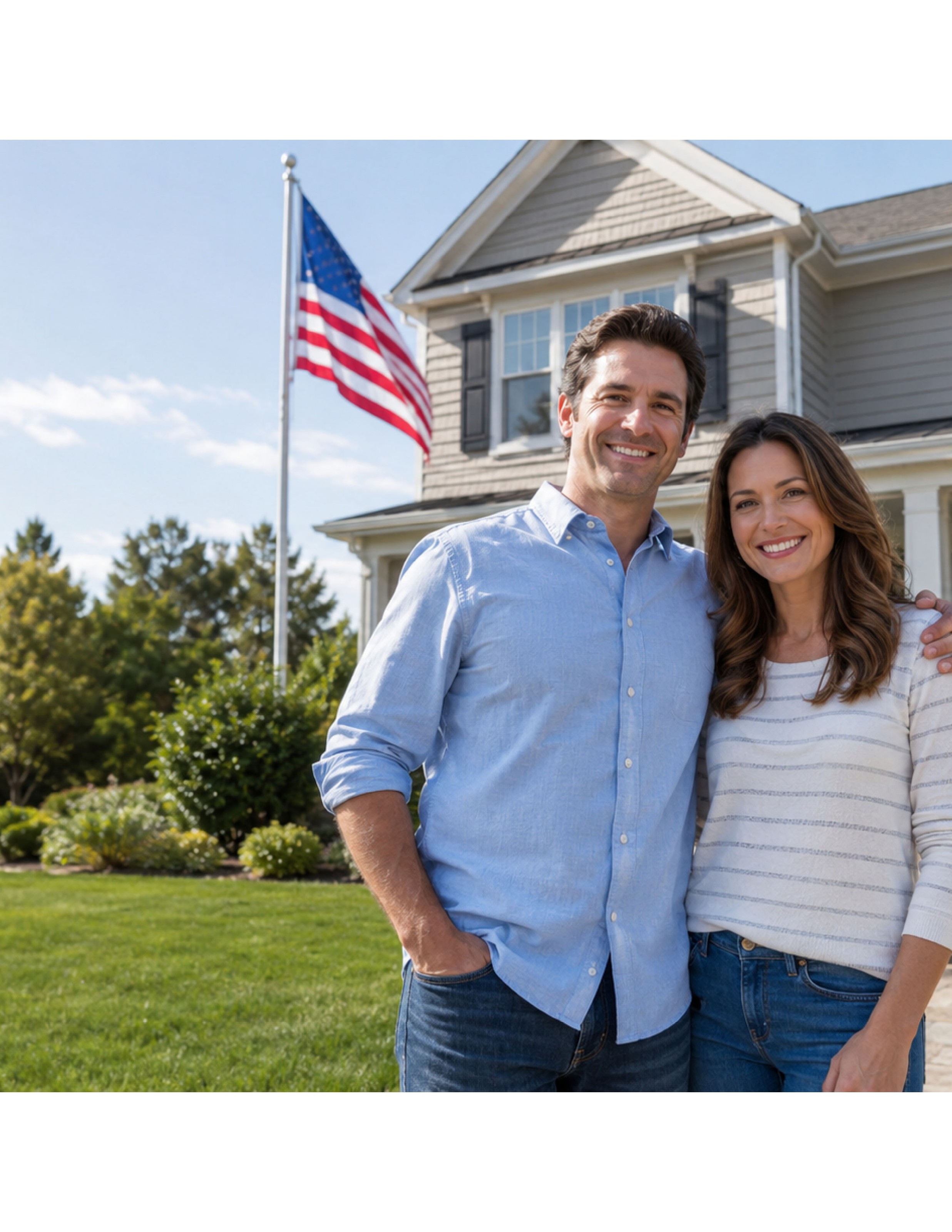 Smiling couple in front of home with American flag